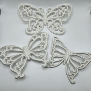 VINTAGE Homco Faux Wicker White Butterflies Wall Decor Set Three USA